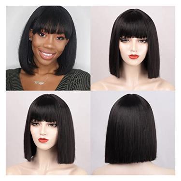 Imagem de Perucas femininas sintéticas perucas curtas retas com franja para mulheres, preto, rosa, roxo, vermelho, natural, cabelo humano (cor: preto, comprimento esticado: 35,5 cm)