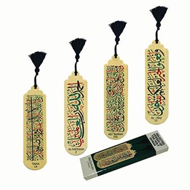 Imagem de Conjunto de marcadores decorativos Pictor Gift selecionados Versos do Alcorão Sagrado, 4 peças, Ramadan, Eid Mubarak, metal islâmico prensado com camurça nas costas
