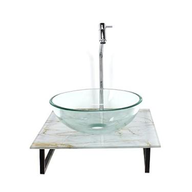 Imagem de KIT CUBA DE VIDRO REDONDA 10MM INCOLOR COM TAMPO DE VIDRO 40CM X 40CM MÁRMORE BRANCO DOURADO E SUPORTE TORNEIRA VALVULA