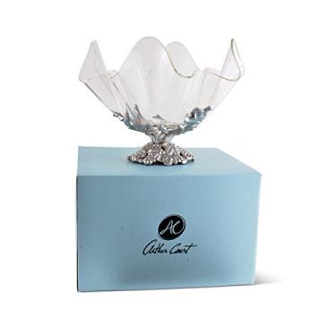 Imagem de Arthur Court Tigela acrílica padrão de suporte de uva fundido em alumínio artesanal polida à mão suporte leve para tigela de servir, 28 cm de altura, 23,5 cm