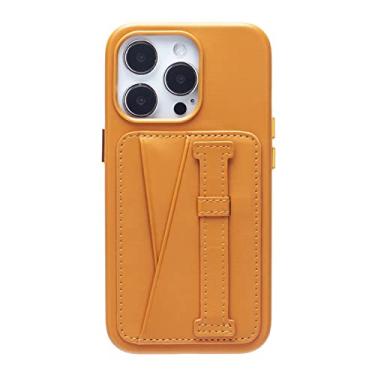 Imagem de zhouye Capa de couro para iPhone 14/14 Pro/14 Plus/14 Pro Max, capa traseira fina, suporte para pulseira com slot para cartão anti-queda proteção à prova de choque capa interna de TPU, laranja, 14 Plus 6,7 polegadas