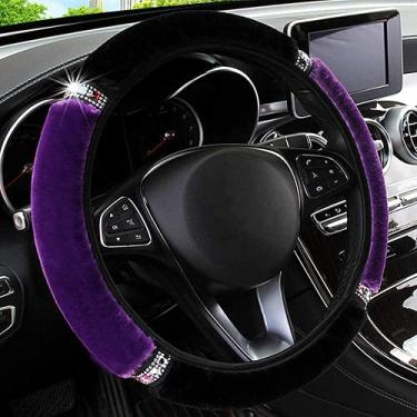 Imagem de Capa de volante ZHOL Universal de 15 polegadas, pelúcia elástica, mantém quente, respirável, antiderrapante, sem odor, pelúcia requintada, revestimento de diamante, preto e roxo