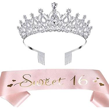 Imagem de LAUMAY Kit de faixa e tiara de 16 anos, presentes de aniversário para meninas presentes de festa lembranças decorações (rosa)