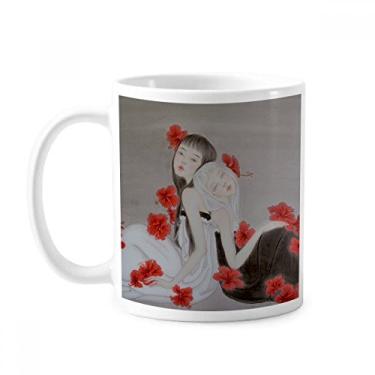 Imagem de Bela flor vermelha estilo chinês caneca aquarela cerâmica xícara de café porcelana louça