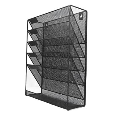 Imagem de porta-revistas 5 bolsos de metal durável,Organizador de arquivo de parede, economizando espaço, suporte de arquivo de parede de montagem de parede para caderno de documentos de arquivo