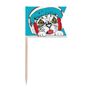 Imagem de Fone de ouvido vermelho com proteção de gato branco para amantes de animais de estimação, bandeiras de etiquetagem de palitos para festas, bolos, comida de queijo