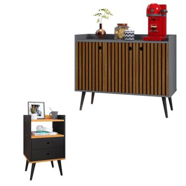 Imagem de Kit Aparador Buffet Wood New Cinza Ripado 3 Portas e Mesa de Cabeceira Dream 2 Gavetas Pés Retrô Palito Preto|Cinamomo - RPM Móveis
