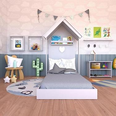 Imagem de Conjunto Infantil Cama Banqueta 2 Nicho e Prateleira Bramov Móveis Cinza Cristal