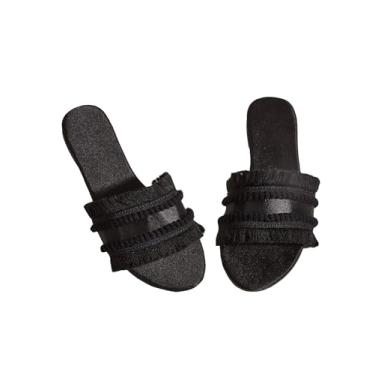 Imagem de OYOANGLE Sandálias femininas de cetim com acabamento de franjas, bico aberto, sandálias deslizantes casuais de verão sandálias elegantes, Preto, 8.5