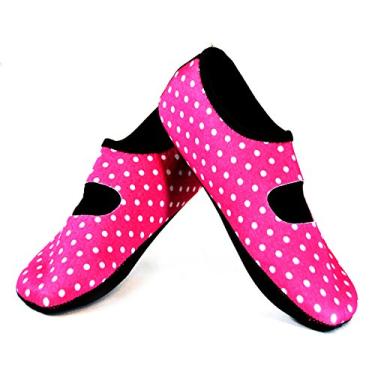 Imagem de Nufoot Sapatilhas femininas Mary Janes Best dobráveis e flexíveis, viagens e exercícios, dança, meias de ioga, sapatos internos, chinelos, Bolinhas rosa/brancas, X-Large