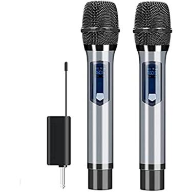 Imagem de Microfone vocal Microfone sem fio profissional para cantar Metal Dual UHF Sistema de microfone portátil sem fio de microfone dinâmico, conjunto de microfone de saída de 1/4 pol.