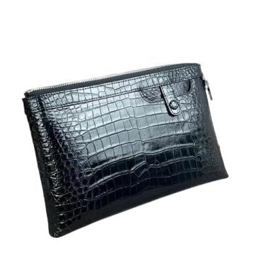 Imagem de Bolsa de pulso autêntica para homens de negócios em pele de crocodilo com suporte para telefone bolsa de couro jacaré genuíno masculina grande, Preto, 26cm (Length) x 19cm(Height) x 3.5cm(Deep)