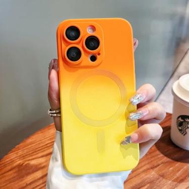 Imagem de UEEBAI Capa magnética para iPhone 14 Pro Max de 6,7 polegadas, capa luxuosa em cor neon gradiente compatível com capa carregador MagSafe com protetor de lente de câmera linda capa para mulheres e meninas - laranja amarelo