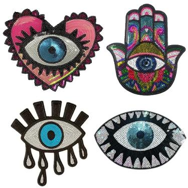 Imagem de Tvoip 4 Pçs Remendos de lantejoulas olho turco ferro em roupas aplique grande colorido bordado patch para costura faça você mesmo, jeans, bolsas, jaqueta, mochila, chapéu (olhos do mal)