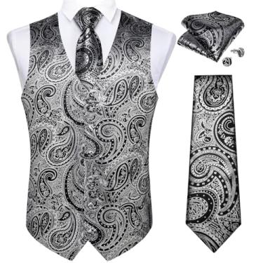 Imagem de BoShiNuo Colete de bronzeamento masculino para negócios preto Paisley colete masculino gravata bolso abotoaduras quadradas vermelho casamento, Mj-0606, G