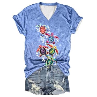 Imagem de Camiseta feminina, estampa de tartaruga, gola V, blusa de manga curta, caimento solto, casual, túnica moderna, camisa de férias de verão, Azul, G