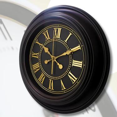 Imagem de Relógio de Parede Grande Preto Vintage Moldura Alumínio Números Romanos em Ouro Envelhecido Sala Cozinha Escritório Quarto Biblioteca
