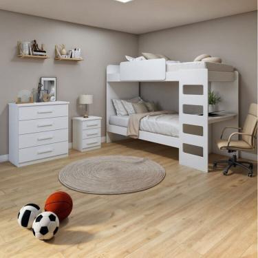 Imagem de Quarto Infantil Beliche Olga com Cômoda e Mesa de Cabeceira Baião Branco