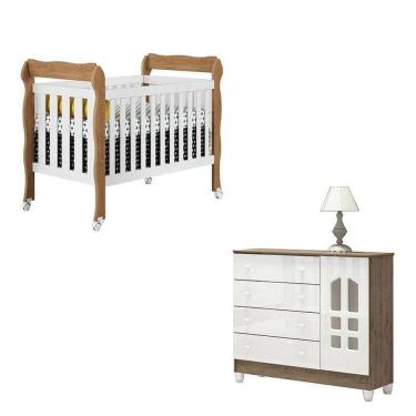Imagem de Berço Americano Lila E Cômoda Infantil Selena Branco Acetinado Amadeirado - Carolina