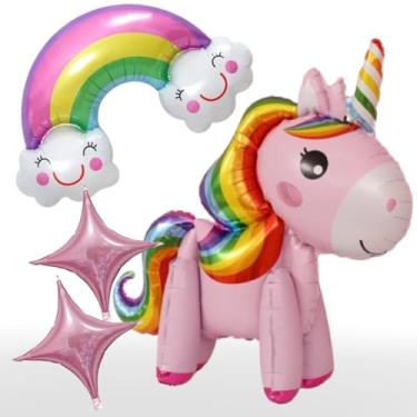 Imagem de Kit 4 Balões Metalizados Grande, Unicórnio 3D POP ±86cm, Estrelas 4 Pontas, Chuva de Amor (Rosa)