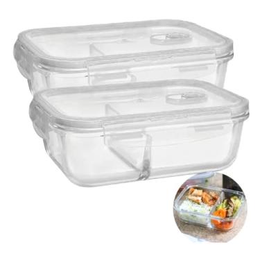 Imagem de Kit Com 02 Potes Retangular Hermético Em Vidro Borossilicato Com 02 Divisórias Marmita Travas Capacidade 1 Litro Não Vaza Pode Ir Ao Micro-Ondas Freezer