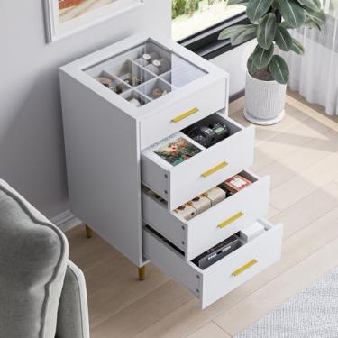 Imagem de Semiocthome Baú de 4 gavetas de vidro branco com estrutura divisória de veludo, armário lateral de mesa para exibição de joias, mesa de cabeceira alta para quarto, armários de armazenamento gaveta de