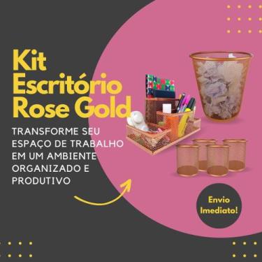 Imagem de Kit Organizador, Porta Caneta e Lixeira Rose Gold Escritório - Markys 