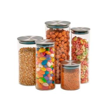 Imagem de Kit 5 potes de vidro com tampa inox hermético redondo mantimento - Tud
