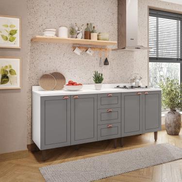 Imagem de Cozinha Pérola com Tampo 2 Peças Balcão 2 Gavetas 3 Portas e Balcão 2 Portas Yescasa Branco/Cinza