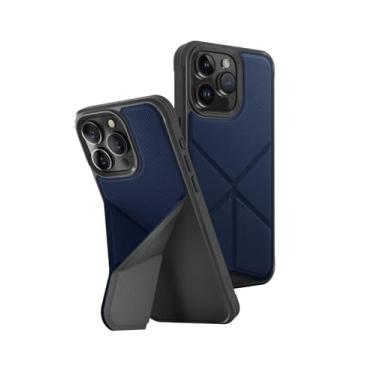 Imagem de UNIQ Capa Transforma para iPhone 15 Pro (azul sólido) | Proteção de para-choque de canto AiroGroove™ com suporte dobrável integrado e carregamento magnético