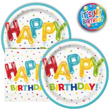 Imagem de Lobyn Value Packs Pratos e guardanapos de papel para festa de aniversário com tema de balão feliz 32 peças tamanho almoço pratos descartáveis 22 cm