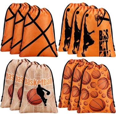 Imagem de 12 peças de sacos de lembrancinha de festa de futebol esportiva sacos de cordão doces sacos de pano reutilizáveis presente de festa para aniversário esportes festa futebol basquete suprimentos de decoração de chá de bebê (basquete)