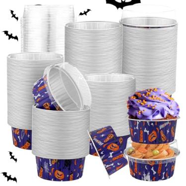 Imagem de Teenyyou 100 peças de mini copos de alumínio para cupcake de Halloween, copos de alumínio com tampas, 142 g, forro, formas redondas para cupcake ou festa de Halloween, casamento, festa de aniversário