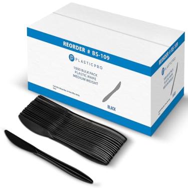 Imagem de PLASTICPRO 1000 facas de plástico descartáveis pacote a granel de plástico preto talheres de peso médio para casa, escritório, catering