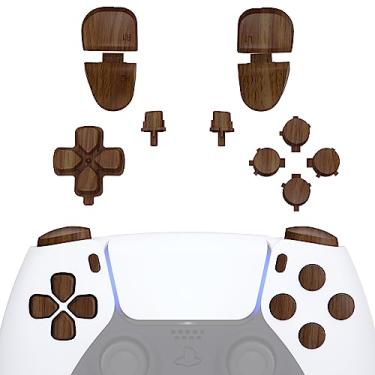 Imagem de eXtremeRate Botões de substituição D-pad R1 L1 R2 L2 Opções de compartilhamento de botões de rosto para controle PS5, conjunto completo de botões de grão de madeira, kits de reparo com ferramentas para controle PS5 – controle não incluído