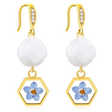 Imagem de JunyiDIY Brincos pendentes banhados a ouro 18K com zircônia cúbica e flor de pedra natural | Design hexagonal elegante com centro floral e semente de mostarda YA5050, One size, Latão, Zircônia