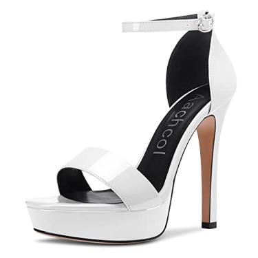 Imagem de Aachcol Sandálias femininas plataforma peep open toe salto alto stiletto tira no tornozelo fivela sapatos sociais sexy 5,1 polegadas salto, Patente branca, 41