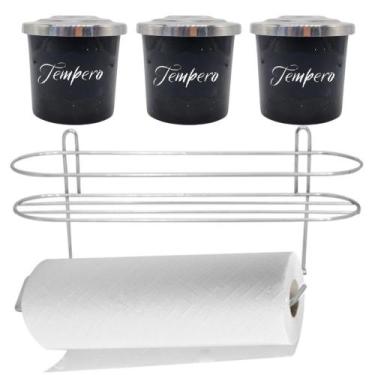 Imagem de Porta Condimentos 3 Peças Alumínio Preto com Suporte de Papel Toalha E