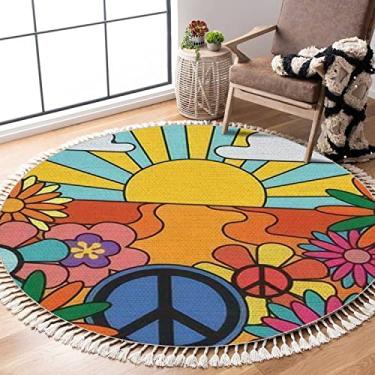 Imagem de OUVNWLRE Tapetes felpudos redondos com franjas anos 70 Groovy Retro Sunshine e Flores Impressão com Sinal Vintage Hippie Boho Círculo Tapete de área de arremesso Crianças Decoração de quarto de menina Tapete Borlas para Pó Berçário Sala de jogos, 1,2 m