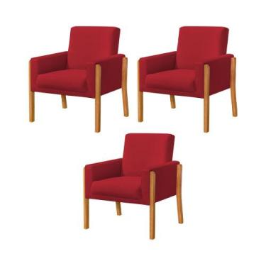 Imagem de Kit 3 Poltronas Sala de Espera Pés em Madeira Santorini Veludo Vermelh