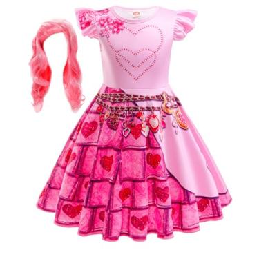 Imagem de Fantasia vermelha para meninas com peruca, fantasia vermelha para Halloween, vestido de festa de princesa vermelha, Padrão rosa 3, 4-5 Anos