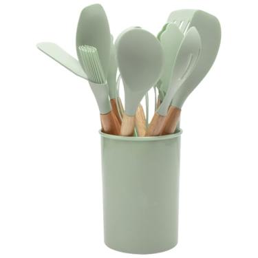 Imagem de HJZSZX Conjunto de utensílios de cozinha de 12 peças, espátula de silicone, alça, resistente ao calor, espátula, colher, escova, batedor para cozinha, verde claro, 12 peças