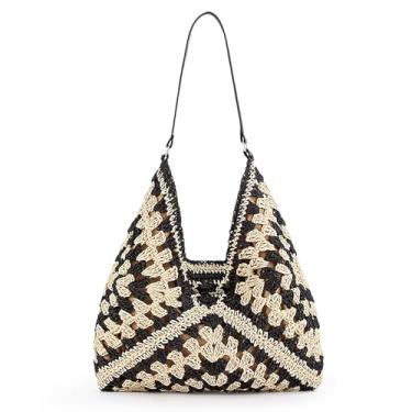 Imagem de AdiStylinno Bolsas de palha Hobo para mulheres, sacola de praia de tecido de grande capacidade, bolsa de ombro vintage de crochê para viagens, Preto
