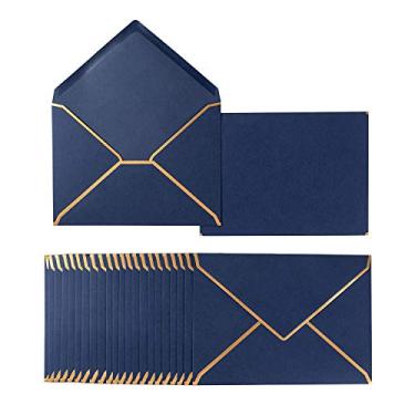 Imagem de Pacote com 50 envelopes A4 azul-marinho 10 x 15 envelopes autoadesivos com aba em V com borda dourada para escritório, cartão comemorativo, casamento, formatura, chá de bebê, festas, convites (11 x 16