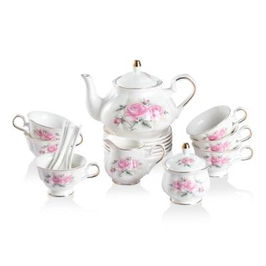 Imagem de Sweejar Conjuntos de chá de porcelana, conjunto de xícara e pires vintage floral britânico com borda dourada, conjunto de chá para 6 pessoas, com bule de chá, açucareiro, jarro de leite, colheres,