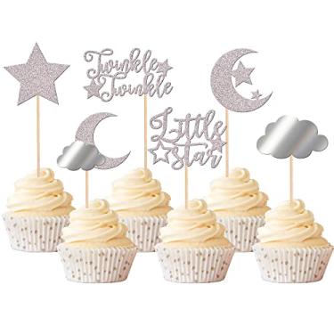 Imagem de Rsstarxi 36 Pack Glitter Little Star Cupcake Toppers with Moon Clould Twinkle Twinkle Star Cupcake Picks for Star Moon Clould Baby Shower kids Birthday Party Cake Decorations Supplies Silver