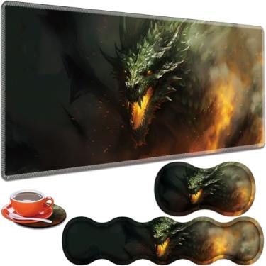 Imagem de ZHUHEHEAH Bloco de mesa grande para jogos de 80 cm x 30 cm + almofada de pulso para teclado + almofada de pulso de mouse + base antiderrapante conjunto 4 em 1, espuma viscoelástica ergonômica, alívio