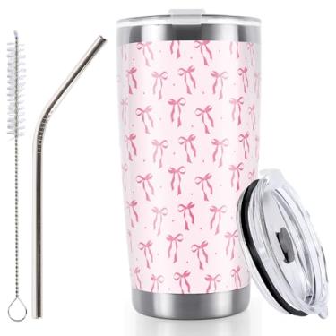 Imagem de Whaline Copo de aço inoxidável com laço rosa, copo de viagem com tampa, pincel de palha, coquete, laço, caneca de café para mulheres, amigas, festas, aniversário, lembrancinhas