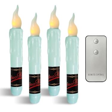 Imagem de NJAO HOO Velas Curtas de Cera Real LED Sem Chama com Controle Remoto, Castiçais Azuis de 16,7 cm, Velas de Primavera Sem Chama Rústicas Sem Chama para Casa, Pacote com 4