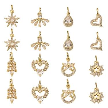 Imagem de Cheriswelry 16 peças, pingentes de zircônia cúbica banhados a ouro 18K, coração, folha, estrela, sol, lágrima, latão, ornamento, com anéis de salto de 11,5 ~ 17 mm, 8 estilos para brincos DIY, colar,